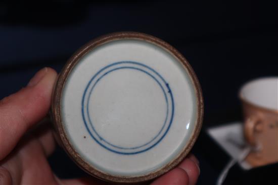 A Chinese blue and white tea bowl and a Chinese green glazed ink pot tallest 6cm